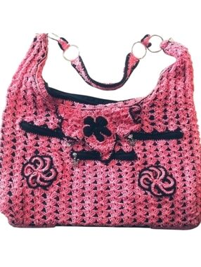 Pink Crochet Hobo Shoulder Bag Silver Butterfly Hardware
